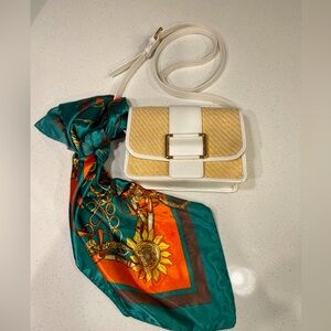 White & Tan Basket Weave Shoulder Bag w/Scarf